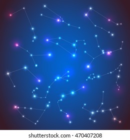Vector horoscope set. Zodiac sights with sparkling stars, calendar for twelve month one year 