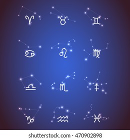 Vector horoscope set. Zodiac sights with sparkling stars, calendar for twelve month one year 