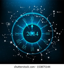 Vector horoscopes clock, New Year 2014 abstract background.