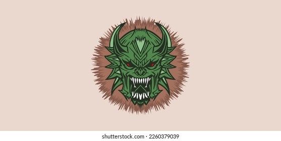 Vector horrible green horned monster head with spikes and open toothy mouth. Sticker, logo or scary icon.