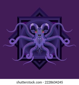 Vector horrible monster with head of ram and writhing tentacles of octopus. Scary kraken or cthulhu. Emblem or logo