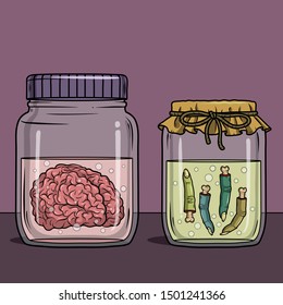 Vector horror art with creepy brain, fingers in glass jar for scary design, print, poster, cover, sticker, packing. Spooky illustration for horror festival, party invitation, article. Halloween design