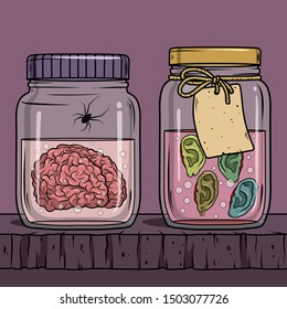 Vector horror art with creepy brain, ears in glass jar and spider for scary design, print, poster, cover, sticker, packing. Spooky illustration for horror festival, party invitation, Halloween design.