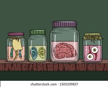 Vector horror art with creepy brain, ears, fingers, eyeballs in glass jar for scary design, print, poster, cover, sticker. Spooky illustration for horror festival, party invitation, Halloween design.