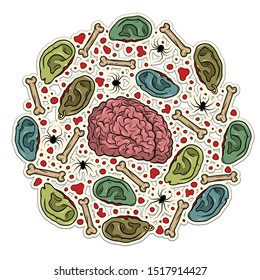 Vector horror art with creepy brain, ears, bones, spiders for scary design, print, poster, cover, sticker, packing, t-shirt. Spooky illustration for horror festival, party invitation, Halloween decor.