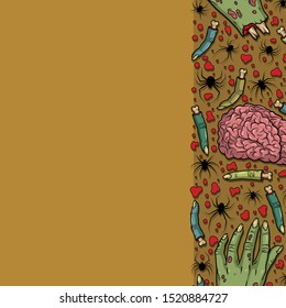 Vector horror art with creepy brain, hand, fingers, spiders for scary design, print, poster, cover, sticker, packing. Spooky illustration for horror festival, party invitation, Halloween design.