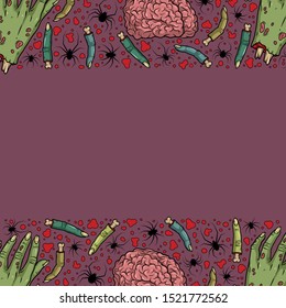 Vector horror art with creepy brain, hand, fingers, spiders for scary design, print, poster, cover, sticker, packing. Spooky illustration for horror festival, party invitation, Halloween design.