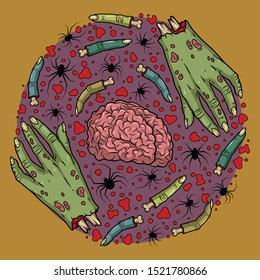 Vector horror art. Creepy brain, hand, fingers, spiders in circle for scary design, print, poster, cover, sticker, packing. Spooky illustration for horror festival, party invitation, Halloween design.