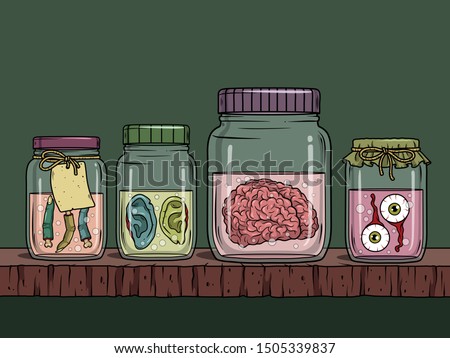 Vector horror art with creepy brain, ears, fingers, eyeballs in glass jar for scary design, print, poster, cover, sticker. Spooky illustration for horror festival, party invitation, Halloween design.