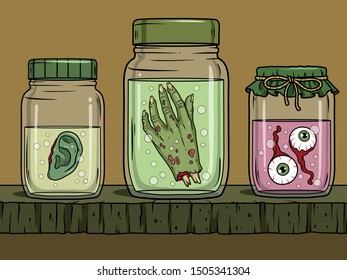 Vector horror art with creepy ear, hand, eyeballs in glass jar for scary design, print, poster, cover, sticker, packing. Spooky illustration for horror festival, party invitation, Halloween design.