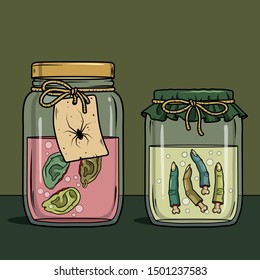 Vector horror art with creepy ears, fingers in glass jar for scary design, print, poster, cover, sticker, packing. Spooky illustration for horror festival, party invitation, article. Halloween design.