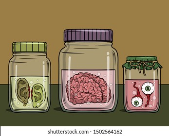 Vector horror art with creepy ears, brain, eyeballs in glass jar for scary design, print, poster, cover, sticker, packing. Spooky illustration for horror festival, party invitation. Halloween design.