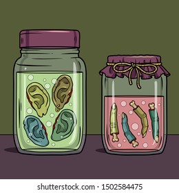 Vector horror art with creepy ears, fingers in glass jar for scary design, print, poster, cover, sticker, packing. Spooky illustration for horror festival, party invitation, article. Halloween design.