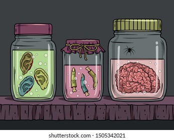 Vector horror art with creepy ears, fingers, brain in glass jar for scary design, print, poster, cover, sticker, packing. Spooky illustration for horror festival, party invitation, Halloween design.