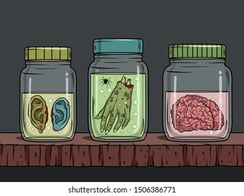 Vector horror art with creepy ears, hand, brain in glass jar for scary design, print, poster, cover, sticker, packing. Spooky illustration for horror festival, party invitation, Halloween design.