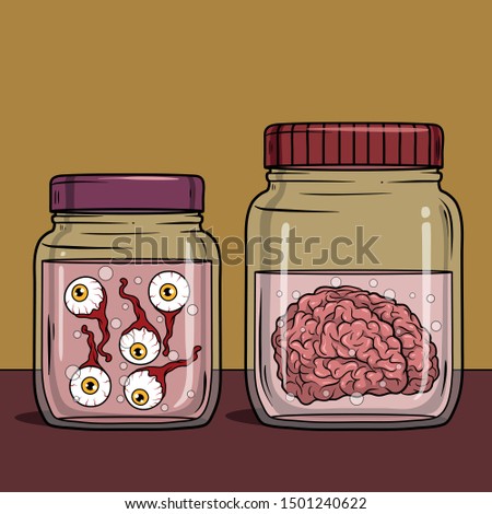 Vector horror art with creepy eyeball, brain in glass jar for scary design, print, poster, cover, sticker, packing, web. Spooky illustration for horror festival, party invitation. Halloween design.
