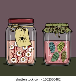 Vector horror art with creepy eyeballs, ears in glass jar for scary design, print, poster, cover, sticker, packing. Spooky illustration for horror festival, party invitation, article. Halloween design