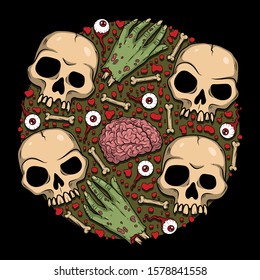 Vector horror art with creepy eyeballs, hands, brain, skulls, bones for scary design, print, poster, cover, sticker, packing, t-shirt. Spooky illustration for Halloween, party, festival invitation.