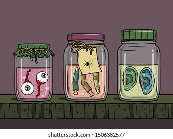 Vector horror art with creepy eyes, fingers, ears in glass jar for scary design, print, poster, cover, sticker, packing. Spooky illustration for horror festival, party invitation, Halloween design.