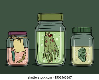 Vector horror art with creepy fingers, hand, ear in glass jar for scary design, print, poster, cover, sticker, packing. Spooky illustration for horror festival, party invitation. Halloween design.