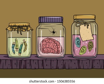 Vector horror art with creepy fingers, brain, ears in glass jar for scary design, print, poster, cover, sticker, packing. Spooky illustration for horror festival, party invitation, Halloween design.