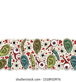 Vector horror art with creepy fingers, ears, eyeballs, spiders for scary design, print, poster, cover, sticker, packing. Spooky illustration for horror festival, party invitation, Halloween design.