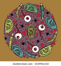 Vector horror art with creepy fingers, ears, eyeballs, spiders for scary design, print, poster, cover, sticker, packing. Spooky illustration for horror festival, party invitation, Halloween design.