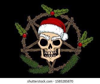 Vector horror art with evil skull of Santa and pentagram for Christmas scary design and decor, t-shirt, poster, cover. Spooky illustration for the New Year party invitation, web page, postcard, logo.