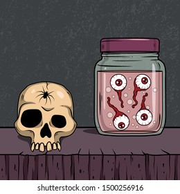 Vector horror art with skull, spider and creepy eyeballs in glass jar for scary design, print, poster, cover, sticker, web. Spooky illustration for horror festival, party invitation, Halloween design.