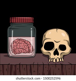 Vector horror artwork with creepy brain and skull in glass jar for scary design, print, poster, cover, sticker, packing. Spooky illustration for horror festival, party invitation, Halloween design.