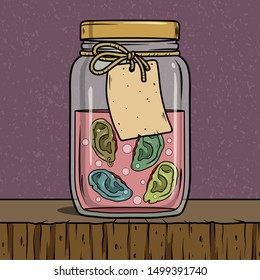 Vector horror artwork with creepy ears in glass jar with label for scary design, print, poster, cover, sticker, packing. Spooky illustration for horror festival, party invitation, Halloween design.