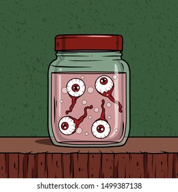 Vector horror artwork with creepy eyeballs in glass jar for scary design, print, poster, cover, sticker, packing. Spooky illustration for horror festival, party invitation, Halloween design and decor.