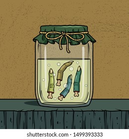 Vector horror artwork with creepy fingers in glass jar for scary design, print, poster, cover, sticker, packing. Spooky illustration for horror festival, party invitation, Halloween design and decor.