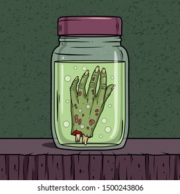 Vector horror artwork with creepy hand in glass jar for scary design, print, poster, cover, sticker, packing. Spooky illustration for horror festival, party invitation, Halloween design and decor