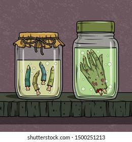 Vector horror artwork with creepy hands and fingers in glass jar for scary design, print, poster, cover, sticker, packing. Spooky illustration for horror festival, party invitation, Halloween design.