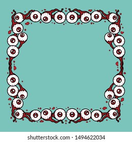 Vector horror artwork of frame with creepy bloody eyeballs for scary design, print, poster, cover, stickers, t-shirt. Spooky illustration for horror festival, party invitation, Halloween decoration.