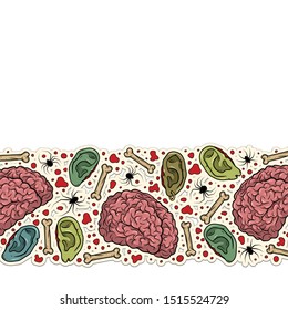 Vector horror border with creepy brain, ears, bones, spiders for scary design, print, poster, cover, sticker, packing. Spooky illustration for horror festival, party invitation, Halloween design.