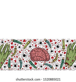 Vector horror border with creepy brain, hand, fingers, spiders for scary design, print, poster, cover, sticker, packing. Spooky illustration for horror festival, party invitation, Halloween design.