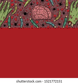 Vector horror border with creepy brain, hand, fingers, spiders for scary design, print, poster, cover, sticker, packing. Spooky illustration for horror festival, party invitation, Halloween design.