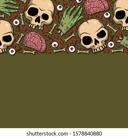 Vector horror border with creepy eyeballs, hands, brain, skulls, bones for scary design, print, poster, cover, sticker, packing, t-shirt. Spooky illustration for Halloween, horror festival invitation.