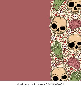 Vector horror border with creepy eyeballs, hands, brain, skulls, bones for scary design, print, poster, cover, sticker, packing, t-shirt. Spooky illustration for Halloween, party, festival invitation.