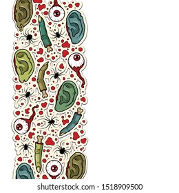 Vector horror border with creepy fingers, ears, eyeballs, spiders for scary design, print, poster, cover, sticker, packing. Spooky illustration for horror festival, party invitation, Halloween design.