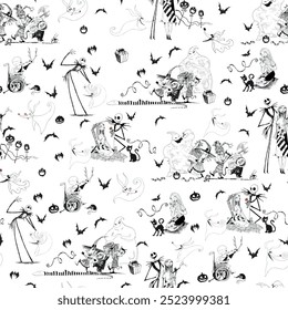 Vector of horror elements in black outline on white background.  Halloween theme background.