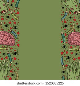 Vector horror frame with creepy brain, hand, fingers, spiders for scary design, print, poster, cover, sticker, packing. Spooky illustration for horror festival, party invitation, Halloween design.