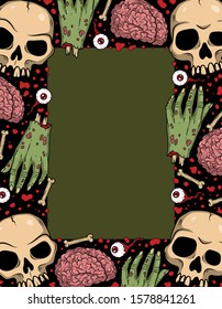 Vector horror frame with creepy eyeballs, hands, brain, skulls, bones for scary design, print, poster, cover, sticker, packing, t-shirt. Spooky illustration for Halloween, horror festival invitation.