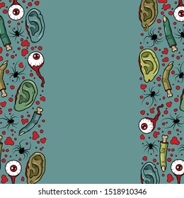 Vector horror frame with creepy fingers, ears, eyeballs, spiders for scary design, print, poster, cover, sticker, packing. Spooky illustration for horror festival, party invitation, Halloween design.