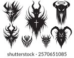Vector horror horned devil demon lucifer antichrist monster silhouettes set. Black mysterious evils with curved horns. Mythical beings collection. Isolated  black devils on white background