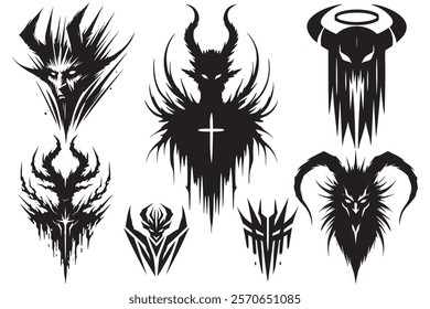 Vector horror horned devil demon lucifer antichrist monster silhouettes set. Black mysterious evils with curved horns. Mythical beings collection. Isolated  black devils on white background