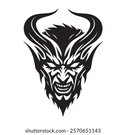 Vector horror horned devil demon lucifer monster face silhouette. Black mysterious evil with curved horns. Mythical fantasy being. Isolated diabolic creative black devil head on white background