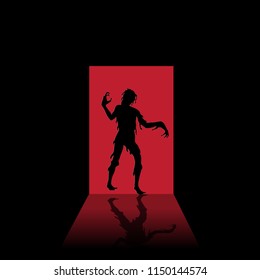 Vector horror illustration with zombie and open door. Halloween poster